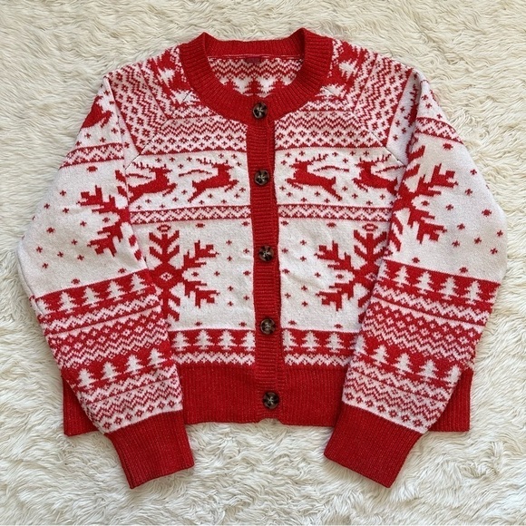 Dec. 25th Cardigan Womens Christmas Holiday Sweater Fair Isle Red White XL - Picture 1 of 11